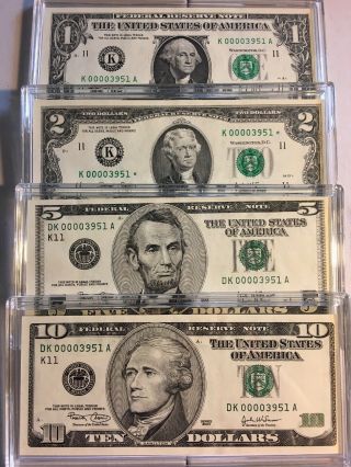 2003 $1,  $2,  $5,  & $10 Dallas Texas U.  S.  Federal Reserve Currency Set Low Serial