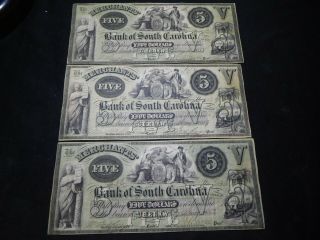 K4 Usa Bank Of South Carolina 1858 & 1859 5 Dollars Vf 3 Notes Total