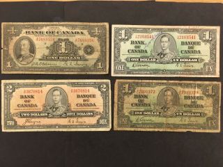 Canada (4 Old Notes) 1 And 2 Dollars 1935 And 1937