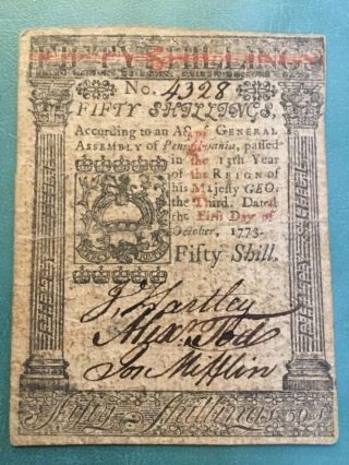 Pa - 170 October 1,  1773 50s Fifty Shillings Pennsylvania Colonial Currency Note
