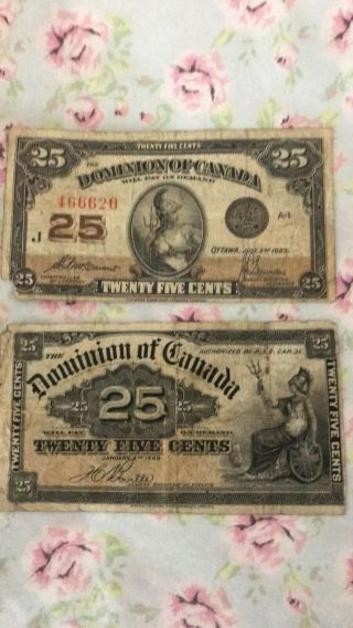 1923 & 1900 Dominion Of Canada 25 Cents Bank Note Paper Money
