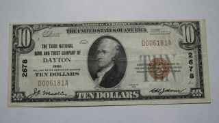 $10 1929 Dayton Ohio Oh National Currency Bank Note Bill Ch.  2678 Vf,