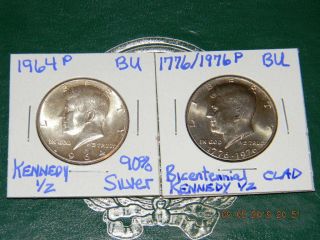 1964 - P Kennedy 90 Silver {bu} Half Dollar & 1776/1976 - P Kennedy Bu Half Dollar