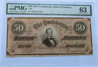 1864 $50 Confederate States Of America Note - Pmg 63 Ch.  Unc,  T - 66 (191914g)