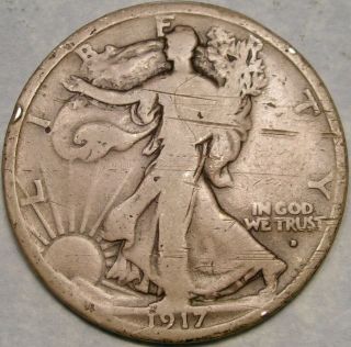 1917 D Obvers Liberty Walking Silver Half Dollar Very Scarce Date 765,  400 Struck