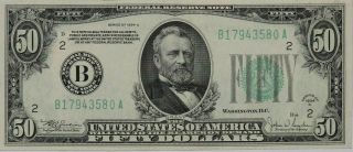 1934 C $50 Federal Reserve Banknote York Fr.  2105 - B Choice Cu/unc (580a)