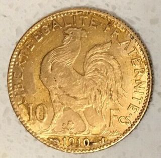 1910 France Gold 10 Francs Coin - Rooster - Paris - French Gold Bullion
