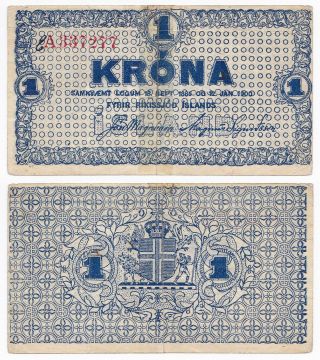 Iceland,  1 Krona 1885 - 1900 (1924 - 25),  Pick 18b,  Vg/f,  Prefix A