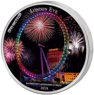 2018 2 Oz Silver 2000 Francs Ivory Coast London Eye Landmarks At Night Coin.
