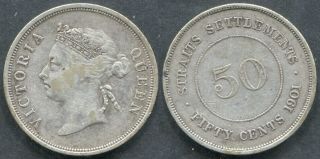 07: 1901 Straits Settlements Malaya Singapore Qv 50 Cents Silver Coin Vf,  /xf
