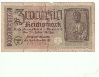 Ww2 German Nazi Era Germany Reichsmark Banknote 20 Mark - 1942
