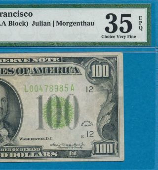 $100.  1934 San Francisco Lime Green Seal Federal Reserve Note Pmg Vf35epq