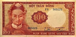 1966 Vietnam 100 Dong Banknote,  Serial 565025,  Pick 19b,  High - Grade