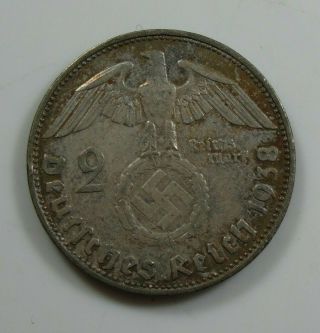 1938 E Nazi Germany Silver Two 2 Mark Coin Toned Hg - 2423