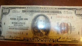 100 Dollarred Seal Bill With Low Serial Number 1929.  Federal Reserve Bank Of Min