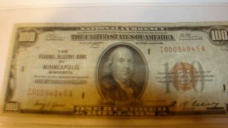 100 dollarred seal bill with low serial number 1929.  Federal Reserve Bank Of Min 2