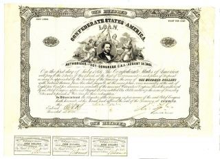 1862 $100 Confederate Bond Only 594 Issued.  Ball 39