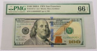 $100 2009a Frn San Francisco Star Note - Pmg 66 Gem Unc,  Fr 2187 - L (181059g)