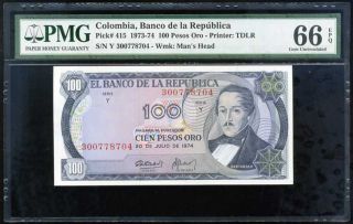 Colombia 100 Pesos Oro 1973 - 74 P 415 Gem Unc Pmg 66 Epq