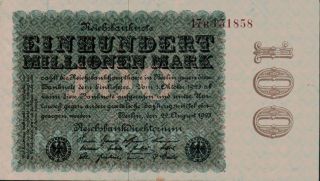 1923 Germany Weimar Republic 100.  000.  000 / 100 Million Mark Banknote