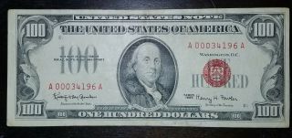 1966 Series $100 Red Seal United States Note Fr 1550 - - Aa Block Low Serial