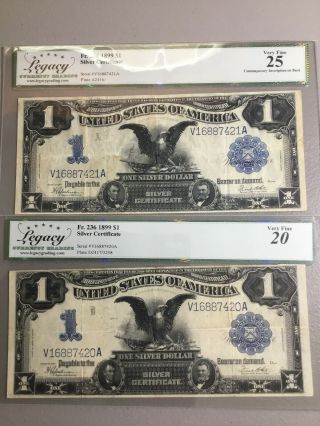2 1899 $1.  00 Silver Certificates Consec Serial Numbers