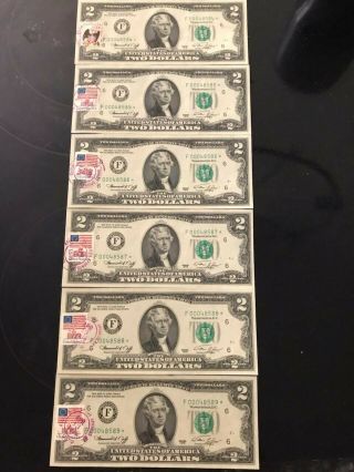 2 Dollar Bills With Low Serial Number,  Star Bills,  6 Total.