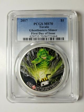 2017 Perth Tuvalu Ghostbusters Slimer 1 Oz Silver Proof $1 Coin Pcgs Ms70