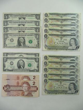 18 Bills 1973 1986 Canada 2003 2006 Usa $2 $1 Bank Note Canadian Dollar America