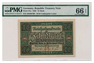 Germany Banknote 10 Mark 1920.  Pmg Ms - 66 Epq
