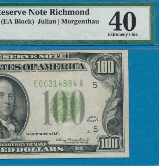 $100.  1934 Richmond Lime Green Seal Federal Reserve Note Certified Pmg Xf40