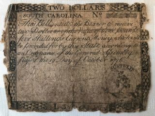 1776 South Carolina Two Dollar Currency Note Or Three Pounds Five Shillings