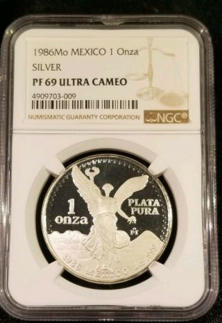 1986 Mo Mexico Silver Libertad Ngc Pf69 1 Onza Proof Mexican Bullion Coin.  999