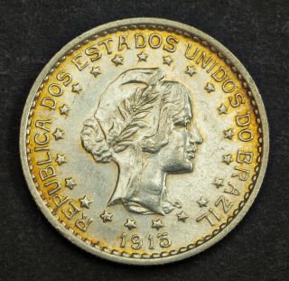 1913,  Brazil (republic).  Silver 500 Reis Coin.  Xf - Au