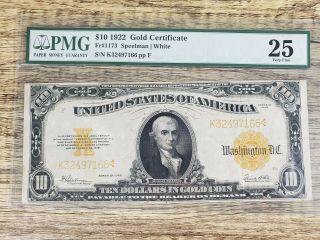 Series 1922 $10 Gold Certificate Pmg 25 Very Fine Large Size Currency Fr1173