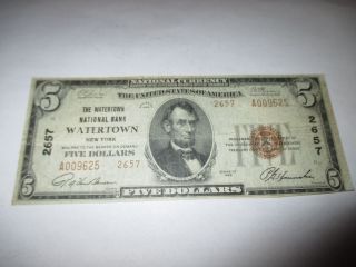$5 1929 Watertown York Ny National Currency Bank Note Bill Ch.  2657 Vf