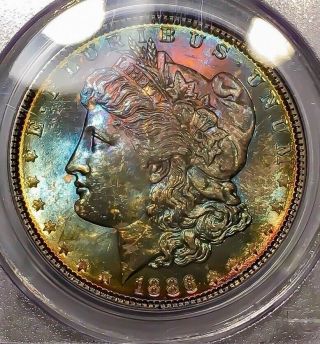 1886 - P Morgan Dollar Pcgs Ms63 Cac Lustrous Rainbow Toned Blue/red/gold Colorful