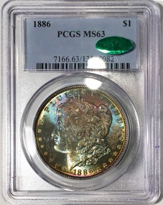 1886 - P Morgan Dollar PCGS MS63 CAC Lustrous Rainbow Toned Blue/Red/Gold Colorful 5