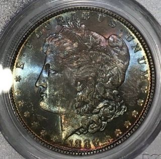 1886 - P Morgan Dollar PCGS MS63 CAC Lustrous Rainbow Toned Blue/Red/Gold Colorful 9