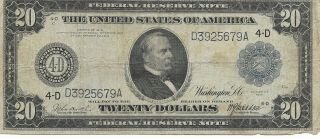 1914 $20 Dollar Federal Reserve Bank Note Cleveland Type A Serial D3925679a Vf
