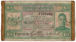 Government Of Mauritius 1940 Issue 1 Rupee Pick 26 Foreign World Banknote