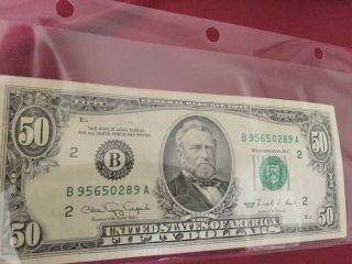 1990 $50 Fifty Dollar Bill Note Federal Reserve Us Currency Old Money B95650289a