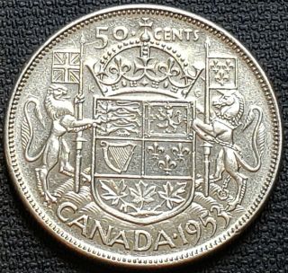1953 Canada 80 Silver 50 Cent Half Dollar Coin - Large Date No Shoulder Fold