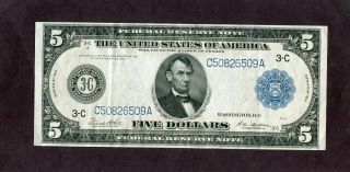 U.  S.  $5.  00 Large F.  R.  Note - Abraham Lincoin - Cu - White - Mellon.  1914