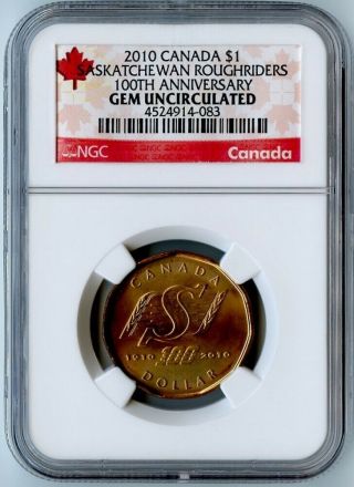 2010 Canada Ngc Gem Uncirculated 100th Anniv - Saskatchewan Roughriders Loonie $1