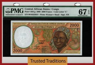 Tt Pk 103cg Central African States Congo 2000 Francs Pmg 67 Epq Gem Unc