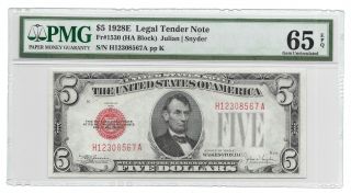 1928e $5 Legal Tender,  Us Note,  Pmg Gem Uncirculated 65 Epq Banknote