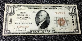 1929 $10 Menomonie Wisconsin Ten Dollars National Bank Note,  S/n E002835a