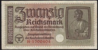 1940 - 1945 20 Reichsmark Germany Nazi Wwii Money Swastika 3rd Reich P R139 Vf