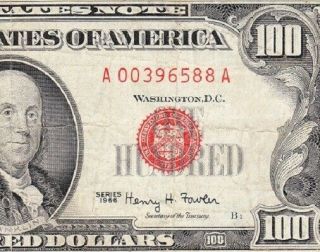 1966 $100 Red Seal Us Legal Tender Note A00396588a